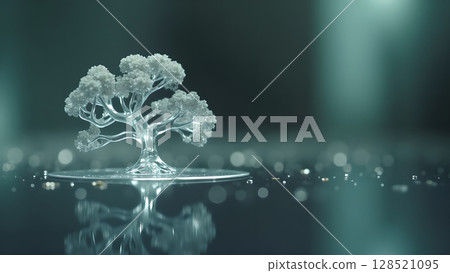 Elegant glass tree sculpture reflecting on a smooth surface with bokeh lights creating a serene and enchanting artistic composition reflecting tranquility Elegant glass tree sculpture reflecting on a smooth surface with bokeh lights creating a serene and enchanting artistic composition reflecting tranquility 128521095
