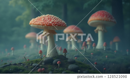 Amanita muscaria mushrooms growing in a mossy forest floor in a serene and magical fairytale landscape during a foggy day in autumn 128521098