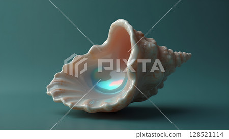 Elegant seashell composition with a shimmering pearl inside against a turquoise background showcasing beauty of nature and subtle lighting enhancing the overall aesthetic appeal of the image 128521114