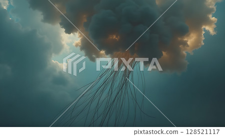 An ethereal jellyfish cloud formation in a turquoise sky creates an otherworldly atmosphere with dramatic light and surreal celestial beauty evoking a sense of wonder and mystery 128521117
