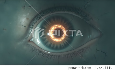 Intense closeup of a human eye featuring a surreal glowing ring iris, conveying mystery and advanced technology with a dark and futuristic aesthetic 128521119
