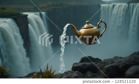 Golden teapot cascading water on a cliffside with a majestic waterfall in the backdrop evokes a sense of magic and natural beauty 128521120
