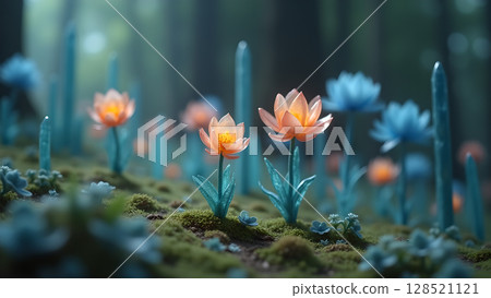 Mystical floral garden illuminated by ethereal light showcasing translucent blossoms and towering crystal formations in a serene and otherworldly landscape setting creating a fantasy dream 128521121