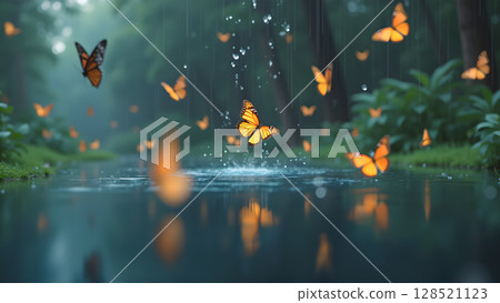 A serene rain scene with monarch butterflies fluttering over a calm body of water creating a mesmerizing display of natural beauty and tranquility in nature A serene rain scene with monarch butterflies fluttering over a calm body of water creating a mesmerizing display of natural beauty and tranquility in nature 128521123