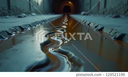Intriguing water flowing through a stone channel reflecting light from an open tunnel perspective creating a strong sense of depth and symmetrical visual impact evoking mystery 128521190