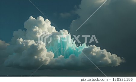 Captivating cloudscape scene featuring an icy blue structure emerging majestically amid fluffy white clouds floating serenely against a backdrop of the azure sky above tranquil waters 128521196