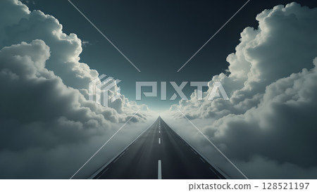 A surreal journey: The road extends into the cloudy skies, promising a hopeful future and uncharted adventures under an ethereal expanse of blue and white clouds A surreal journey: The road extends into the cloudy skies, promising a hopeful future and uncharted adventures under an ethereal expanse of blue and white clouds 128521197