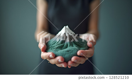 Carefully held mountain replica in hands showcases the beauty of nature's majestic formations and the intimate connection between humans and the environment Carefully held mountain replica in hands showcases the beauty of nature's majestic formations and the intimate connection between humans and the environment 128521210