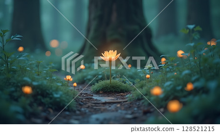 Enchanted forest path with glowing flowers and mystical atmosphere creating a serene and magical scene in the deep woods offering escape and wonder Enchanted forest path with glowing flowers and mystical atmosphere creating a serene and magical scene in the deep woods offering escape and wonder 128521215