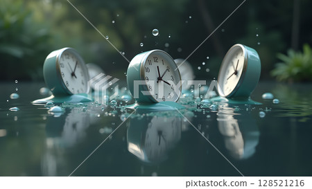 The passage of time is fluid as vintage alarm clocks melt into water creating a serene and dreamlike surreal scene suggesting time passing slowly The passage of time is fluid as vintage alarm clocks melt into water creating a serene and dreamlike surreal scene suggesting time passing slowly 128521216