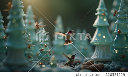 Hummingbirds in a whimsical winter wonderland a Christmas tree forest with miniature evergreen trees adding a touch of magic during the holiday season creating a peaceful festive ambiance 128521219