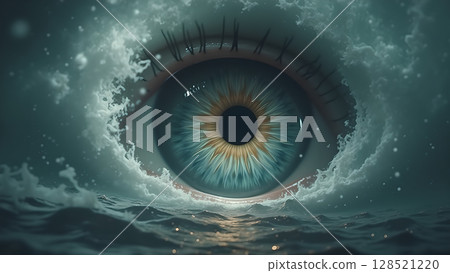 Surreal vision: A captivating close-up of an eye merged with ocean waves reflecting inner depth and turmoil beneath a stormy sky showcasing human emotion 128521220