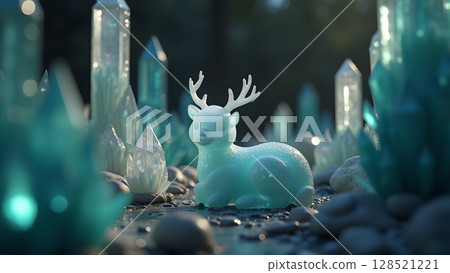 Enchanting crystal forest with a deer figurine basking in soft light creating a magical winter wonderland scene inviting viewers to explore fantasy realm Enchanting crystal forest with a deer figurine basking in soft light creating a magical winter wonderland scene inviting viewers to explore fantasy realm 128521221