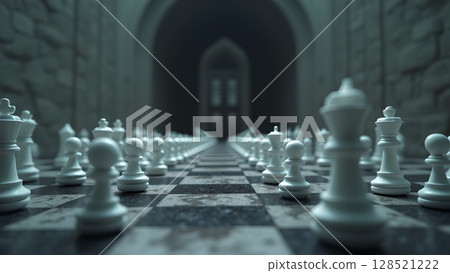 An atmospheric chess match inside a grand hall showcasing strategy and skill, with a chessboard stretching into the distance creating a sense of competition and challenge 128521222