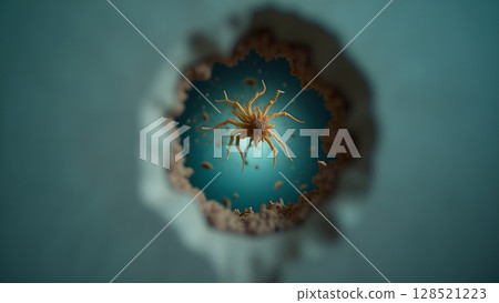 Microscopic world reveal depicting a virus or bacteria cell viewed through a damaged tissue with a mesmerizing teal background, highlighting the hidden realm of biology 128521223