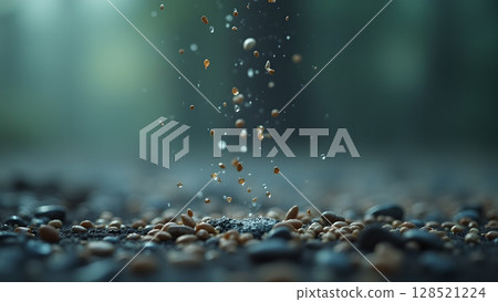 Captivating scene of falling droplets and granules creating a captivating display of motion and texture on a bed of stones and soil 128521224