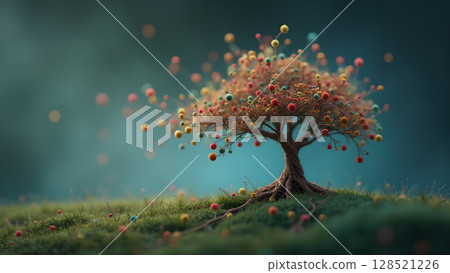 Enchanting whimsical tree adorned with vibrant orbs creating a surreal landscape evoking joy and wonder adding a touch of magic to the natural scenery 128521226
