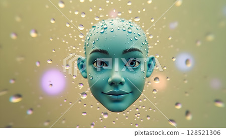 A serene blue face emerges from a shimmering veil of water droplets creating a captivating visual that blends art and abstract concept A serene blue face emerges from a shimmering veil of water droplets creating a captivating visual that blends art and abstract concept 128521306