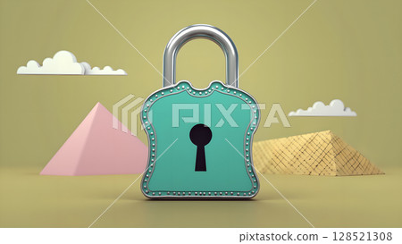 The whimsical digital illustration of a vintage padlock with pyramids and clouds creates a sense of security and imagination with its playful and surreal composition The whimsical digital illustration of a vintage padlock with pyramids and clouds creates a sense of security and imagination with its playful and surreal composition 128521308