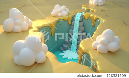 Surreal 3D rendering of a golden landscape with white cloud formations and a cascading waterfall evoking a dreamlike fantasy scene with cartoonish elements Surreal 3D rendering of a golden landscape with white cloud formations and a cascading waterfall evoking a dreamlike fantasy scene with cartoonish elements 128521309
