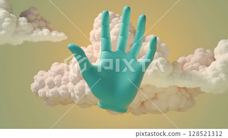 Surreal Turquoise Hand Reaching Through Dreamy Clouds a Symbol of Connection Guidance and Imagination in a Whimsical Sky Landscape Representing Aspirations 128521312
