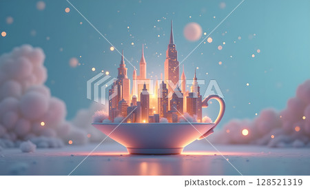 Captivating cityscape nestled in a delicate teacup surrounded by ethereal clouds and shimmering lights showcasing architectural fantasy and a dreamy urban landscape evoking tranquility 128521319