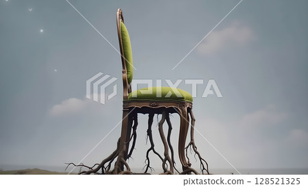 Surreal vision featuring a classic chair rooted in the earth the roots forming its legs against a soft sky artistic representation dreamlike 128521325