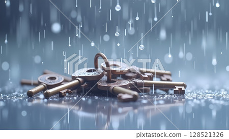 Lost keys in the rain represent security vulnerability and the struggle to unlock potential opportunities or solutions during challenging times perhaps signifying a sense of melancholy Lost keys in the rain represent security vulnerability and the struggle to unlock potential opportunities or solutions during challenging times perhaps signifying a sense of melancholy 128521326