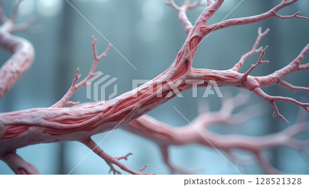 Detailed view of human blood vessels branching, showcasing circulatory system and physiological anatomy with soft lighting and shallow depth for medical illustrations Detailed view of human blood vessels branching, showcasing circulatory system and physiological anatomy with soft lighting and shallow depth for medical illustrations 128521328