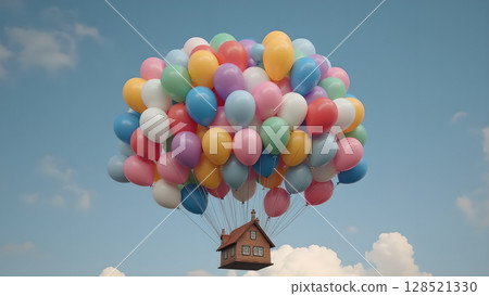 Whimsical journey: a charming miniature house soars through the sky carried by a vibrant cluster of colorful balloons under a serene blue sky 128521330
