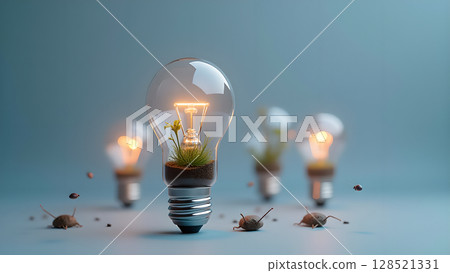 Illuminating sustainability concept light bulbs displaying plants growing inside symbolizing eco friendly energy alternative and nature conservation with creative idea of renewable power Illuminating sustainability concept light bulbs displaying plants growing inside symbolizing eco friendly energy alternative and nature conservation with creative idea of renewable power 128521331