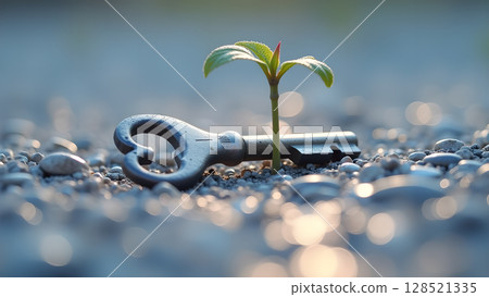 The Key to New Beginnings: A Symbol of Growth and Opportunity Arises from the Earth on Stones, Highlighting Hope and Transformation 128521335