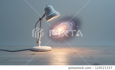 Desk lamp illuminating a galaxy illustration creating a surreal and fantastical atmosphere showcasing cosmic exploration imagination and the convergence of technology and space for inspiration 128521337