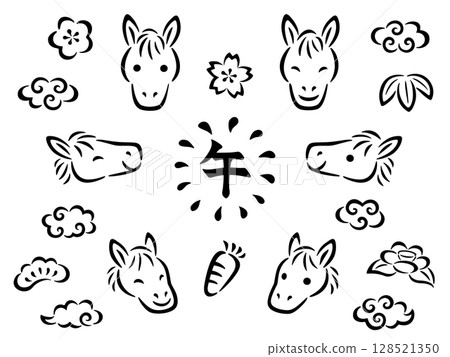 Hand-drawn horse face and Japanese style line drawing icon set 128521350