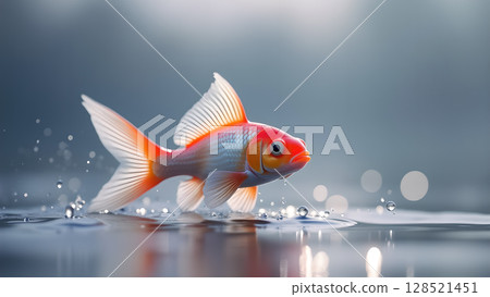 Captivating Goldfish Portrait: Graceful Aquatic Beauty with Splashing Water Droplets and Blurred Background Showcasing Vibrant Colors and Delicate Fins Perfect for Art Captivating Goldfish Portrait: Graceful Aquatic Beauty with Splashing Water Droplets and Blurred Background Showcasing Vibrant Colors and Delicate Fins Perfect for Art 128521451