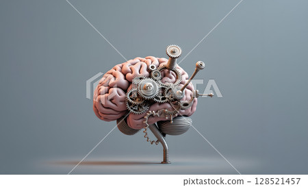 Conceptual image of a human brain intertwined with intricate mechanical gears and metallic components showcasing the intersection of biology and technology within the realm of intelligence Conceptual image of a human brain intertwined with intricate mechanical gears and metallic components showcasing the intersection of biology and technology within the realm of intelligence 128521457