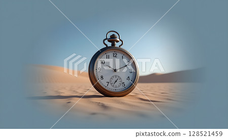 A vintage pocket watch amidst the vast expanse of a desert landscape under a clear blue sky evokes reflection on the passage of time A vintage pocket watch amidst the vast expanse of a desert landscape under a clear blue sky evokes reflection on the passage of time 128521459