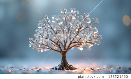 A captivating winter scene: A small tree adorned with glistening ice droplets stands against a soft blue background offering tranquility and the serene beauty of nature A captivating winter scene: A small tree adorned with glistening ice droplets stands against a soft blue background offering tranquility and the serene beauty of nature 128521460