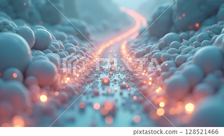 A mesmerizing abstract digital rendering with glowing orange trails running through a dense landscape of soft blue spheres creating a unique visual experience A mesmerizing abstract digital rendering with glowing orange trails running through a dense landscape of soft blue spheres creating a unique visual experience 128521466