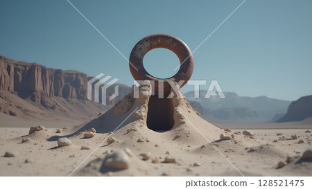 A captivating desert scene featuring a solitary rusty metal ring perched atop a weathered sand formation against expansive mountain background creates visual intrigue 128521475