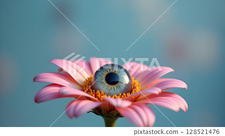 A Captivating Still Life Composition Presenting a Human Eye Seamlessly Blended within the Heart of a Delicate Pink Gerbera Flower with Soft Blue Background 128521476