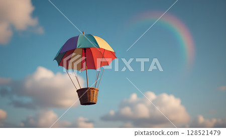 Whimsical flight of fantasy colorful umbrella hot air balloon against a sky rainbow background perfect for children's stories travel ads 128521479