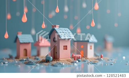 Dreamy miniature village with pastel houses under hanging lights evokes a sense of childhood wonder imagination and magical serenity with delicate details and soft focus enhancing the ethereal quality Dreamy miniature village with pastel houses under hanging lights evokes a sense of childhood wonder imagination and magical serenity with delicate details and soft focus enhancing the ethereal quality 128521483