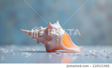 Elegant seashell composition featuring a pink conch shell surrounded by tiny white fragments on a soft blue textured background creating serene summer vibe Elegant seashell composition featuring a pink conch shell surrounded by tiny white fragments on a soft blue textured background creating serene summer vibe 128521488