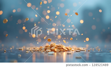 Golden rain: An ethereal cascade of coins against a dreamy backdrop evokes financial prosperity and the captivating allure of wealth and abundance 128521489