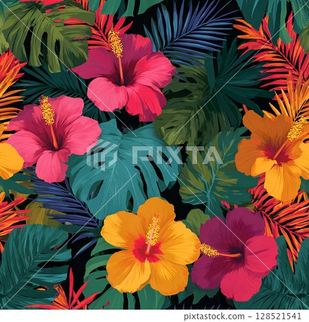 Vibrant Tropical Floral Pattern with Hibiscus and Monstera Leaves 128521541