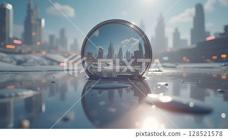 Reflection of a futuristic urban cityscape in a water droplet on a reflective surface, showcasing technology, architecture, and environmental elements in a stylized image 128521578