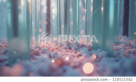 Enchanting ethereal landscape with pastel columns and sparkling light amidst a soft textured ground offering a sense of otherworldly tranquility and beauty 128521582