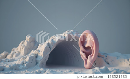 Surreal Listening Landscape: A Giant Ear Emerges from Abstract White Terrain with Serene Greyish Blue Background Displaying Artistic Conceptualization and Auditory Perception Surreal Listening Landscape: A Giant Ear Emerges from Abstract White Terrain with Serene Greyish Blue Background Displaying Artistic Conceptualization and Auditory Perception 128521583