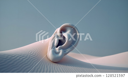 Surreal auditory landscape featuring an ear emerging from sand, evokes themes of listening perception, and subtle beauty capturing the abstract intersection of nature and the human Surreal auditory landscape featuring an ear emerging from sand, evokes themes of listening perception, and subtle beauty capturing the abstract intersection of nature and the human 128521597